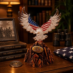 Può includere: Una statuetta di aquila in vetro trasparente con ali spiegate, con il design della bandiera americana. L'aquila è posizionata su una base rocciosa marrone con un ovale dorato con la scritta "USA". Un oggetto di arredamento patriottico.