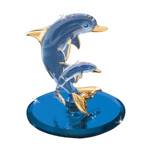 Dolphin and Baby Glass Figurine | Ocean Decor | Sea Life Gift with Crystals and 22K Gold