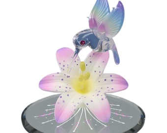 Glass Hummingbird Figurine Handcrafted Lily Flower Bird Collectible Colorful Decor Gift for Her