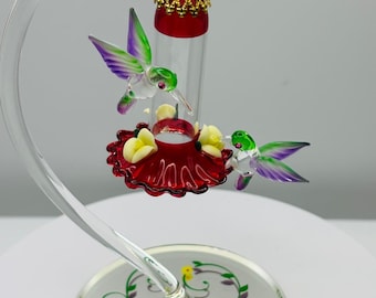 Hummingbird Feeder Figurine | Glass Bird Decor Garden Lover Gift Display