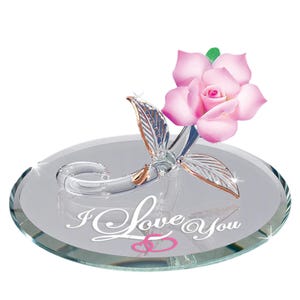 Pink Glass Rose Figurine | “I Love You” Rose Gift | Handcrafted Flower with 22Kt Gold | Valentine’s Day Gift for Her | Anniversary Decor