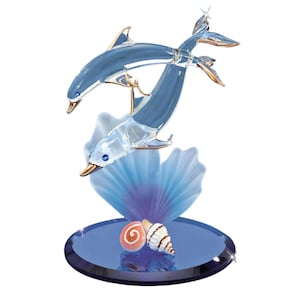 Glass Dolphin and Baby with Blue Coral | Ocean Theme Decor | Sea Life Figurine