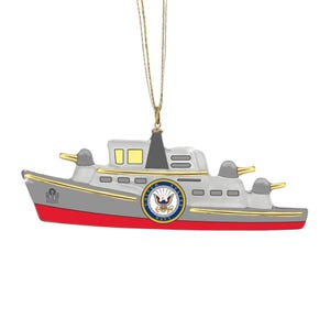 U.S. Navy Ship Glass Ornament with Gold Ribbon | Licensed Navy Emblem Military Decoration | Collectible Glass Sailor Keepsake