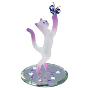 蝶の置物付きプリンセス猫 | ガラス製の猫のギフト | ピンクの猫の装飾 | 手作りのミニ猫 | 猫好きの方へのギフト | クリスタルのアクセント