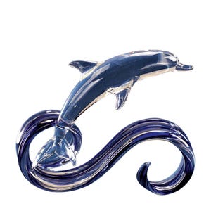 Blue Wave Dolphin Glass Figurine | Ocean Decor | Handblown Clear Glass Sea Life Gift