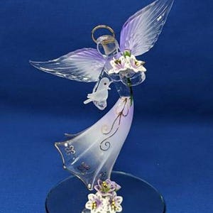 Angel Glass Figurine with Flowers, Lavender Angel Figurine, Glass Angel Dove, Handcrafted Gift, Handmade Angel Statue, Home Decor