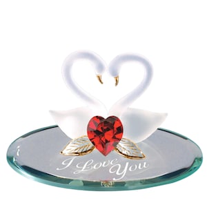 I Love You Swan Pair Figurine | Handcrafted Glass Swans with Crystal Heart | Romantic Gift for Anniversary, Wedding or Valentine’s Day
