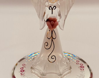 Angel Figurine Holding Pink Rose | Handcrafted Glass Angel Collectible