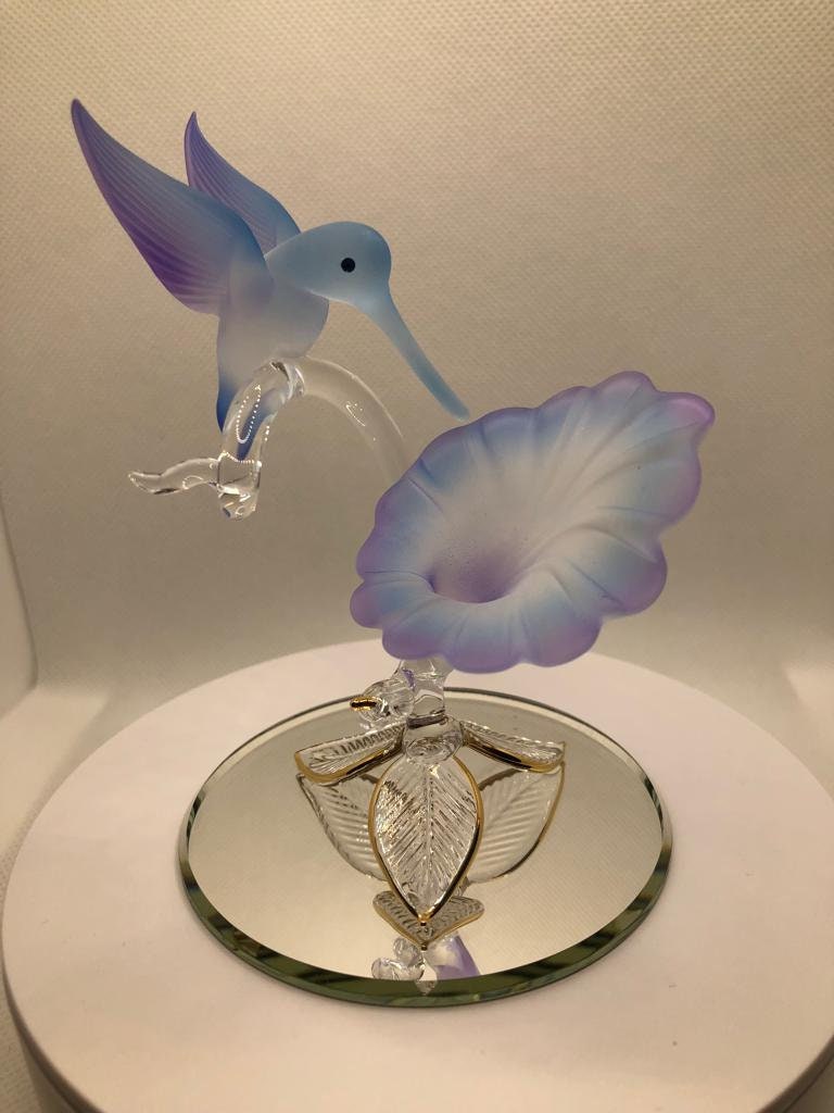 Glass Hummingbird Figurine, Handmade Bird Blue Flower, Hummingbird Statue,  Home Garden Decor, Gift for Bird Lover, Anniversary Gift