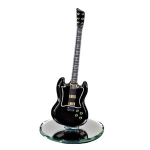 Black Guitar Figurine | Glass Guitar Decor with Crystals | Miniature Music Gift for Him | 22Kt Gold Guitar Collectible | Music Lover Gift