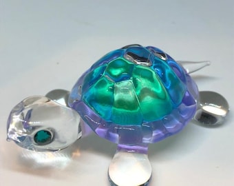 Handcrafted Blue Glass Turtle Figurine | Crystal Accents
