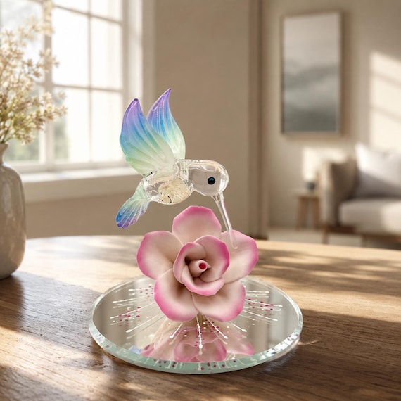 Hummingbird Glass Figurine Handcrafted Porcelain Rose Bird  display picture 3