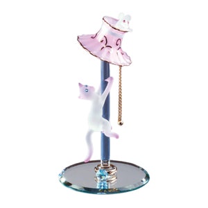 Glass Cat Figurine with Pink Lamp | Handcrafted Cat Lover Gift | Crystal Glass Animal Sculpture | Cute Kitty Home Decor Collectible