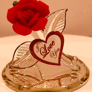 Red Rose I Love You Figurine | Handcrafted Glass Rose on Mirror | Romantic 22Kt Gold Accent Gift | Forever Rose Keepsake | Love You Gift