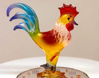 Glas Hahn Figurine | Bunter Sonnenaufgang Bauernhof Skulptur | Handgefertigtes Barnyard Dekor