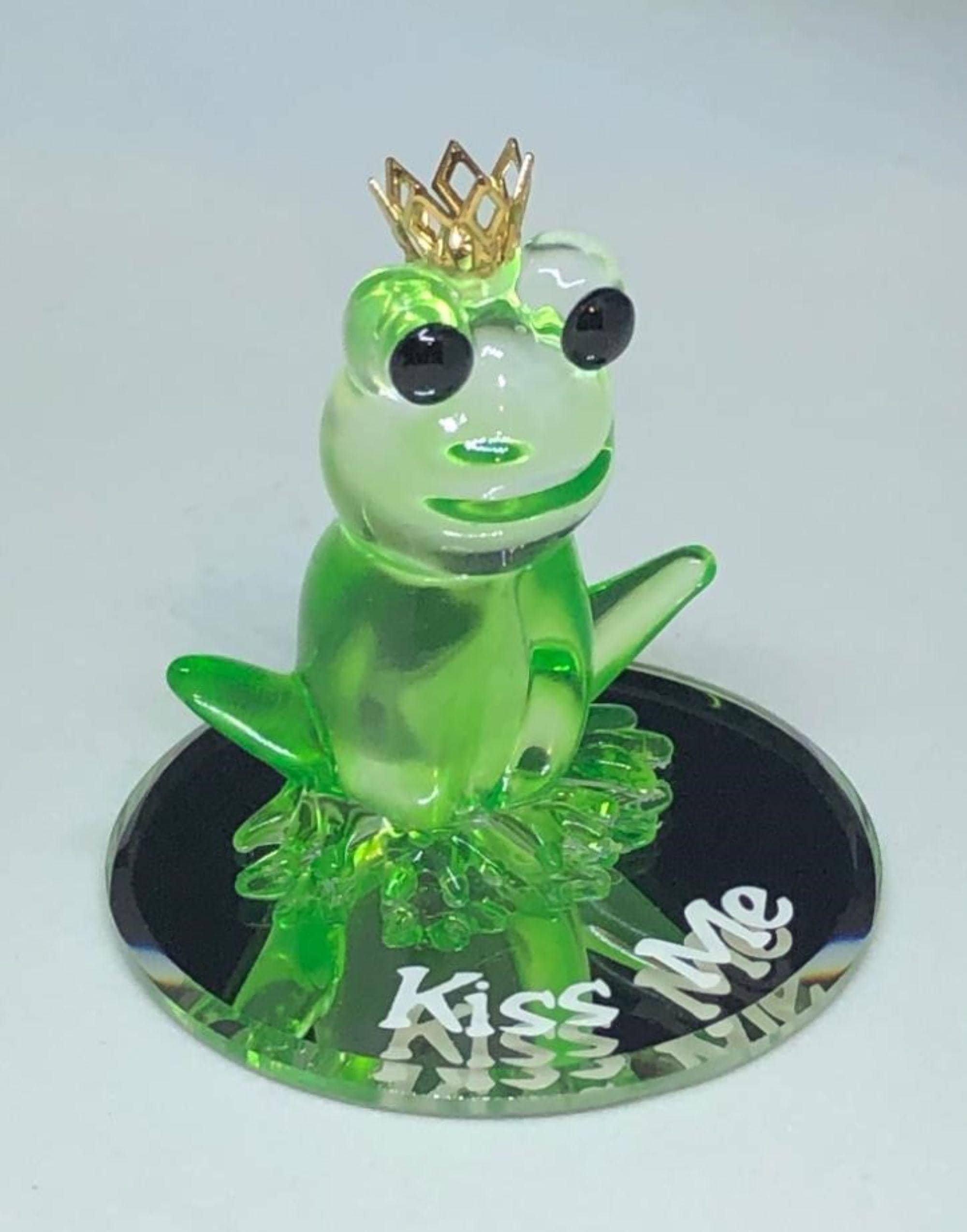 Kiss Me Frog Prince Figurine | Crown Glass Decor Animal Amphibian 