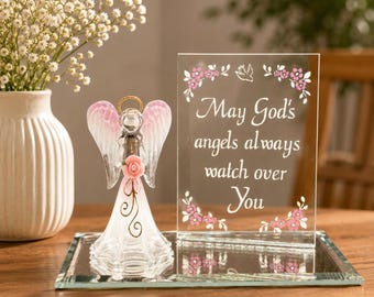 Angel Figurine Holding Pink Rose | Glass Faith Collectible with Blessing