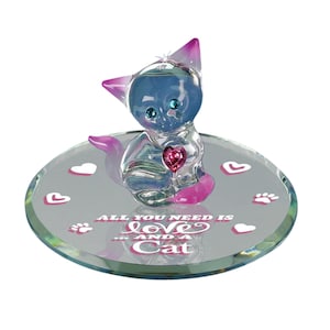 Love and Cat Figurine | Handcrafted Pink Cat with Crystal Heart on Glass Mirror | Cat Lover Gift | Pet Owner Decor | Cat Collection
