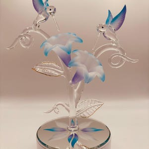 Glass Hummingbird Figurine | Floral Branch Collectible | Garden Theme Accent