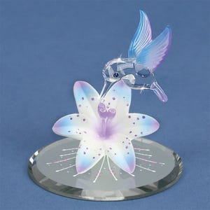 Hummingbird with Blue Lily Figurine | Glass Hummingbird Decor | Handcrafted Nature Sculpture | Crystal Gift for Bird Lovers