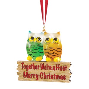 We’re a Hoot Owl Ornament | Handcrafted Glass Owl Pair Christmas Decoration | Holiday Hanging Ornament with Red Ribbon