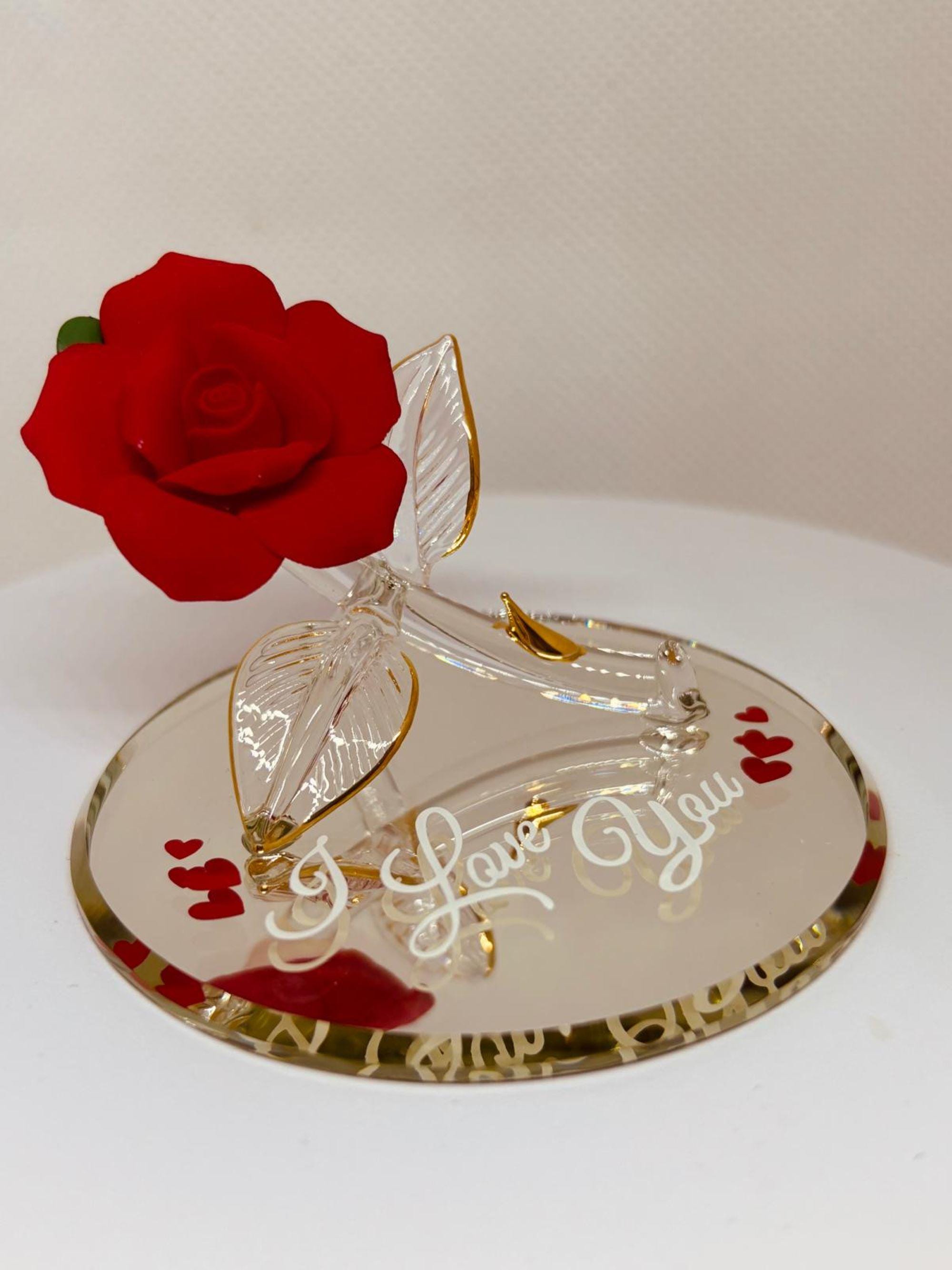 らぶゆー I Love You Red Rose Figurine | Handcrafted Glass Rose | 22kt Gold
