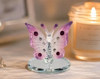 Pink Butterfly Glass Figurine Crystal Decor Handcrafted Butterfly Collectible Gift for Mom