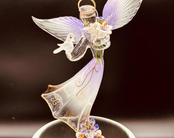 Lavender Angel with Dove Glass Figurine | Faith Christian Home Decor Religious Gift