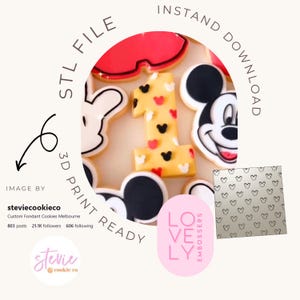 May include: A collection of Mickey Mouse-themed cookies, including a number one cookie decorated with hearts and Mickey Mouse silhouettes. The image also includes a heart-patterned embossing sheet and the text "STL FILE 3D PRINT READY INSTAND DOWNLOAD".