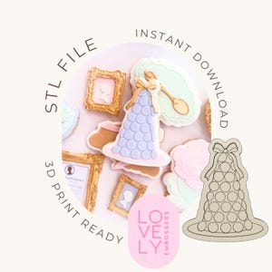 May include: Cookies and a cookie cutter in the shape of a bell with a bow. The cookies are decorated with pastel colors and framed cameo designs. Text on the image includes "STL FILE", "3D PRINT READY", and "INSTANT DOWNLOAD".
