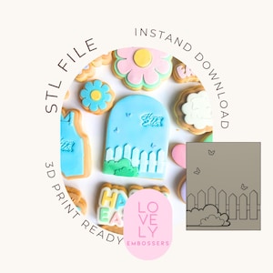 May include: A collection of Easter-themed cookies, including a blue cookie with a fence design and the words "Happy Easter." Other cookies feature flower and apron shapes. The image also includes a cookie cutter design.