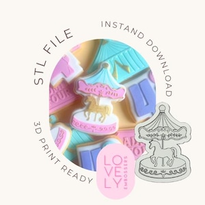 May include: Carousel-shaped cookies with pink, blue, and gold icing. The cookies are arranged on a light yellow surface. The image also includes a line drawing of the carousel and the text "STL FILE", "INSTANT DOWNLOAD", and "3D PRINT READY".