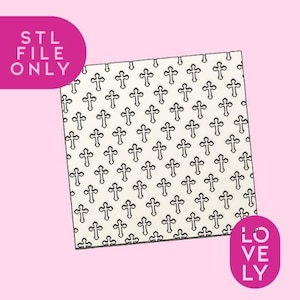 May include: A square, cream-coloured surface featuring a repeating pattern of black crosses. The text "STL FILE ONLY" is in a pink oval at the top left, and "LOVELY" is in a pink oval at the bottom right.