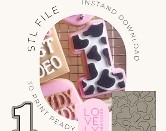 Placa con estampado de vaca y un cortador de galletas/estampador de fondant (archivo STL para impresión 3D)