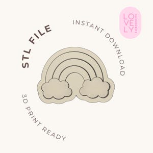 Pode incluir: Uma forma de arco-íris bege impressa em 3D com nuvens em cada extremidade. O texto diz STL FILE, INSTANT DOWNLOAD, 3D PRINT READY e LOVELY EMBOSSERS. O design apresenta um arco central com duas nuvens distintas sobre um fundo claro.