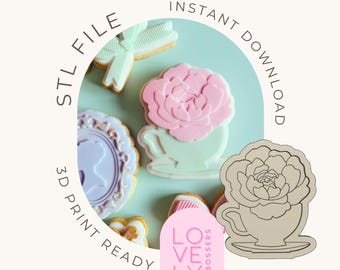 Emboutisseur de fondant à l'emporte-pièce, rose pivoine et tasse de thé STL