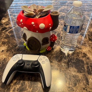 May include: A mushroom-shaped planter with a red cap and white spots containing a succulent, a clear plastic water bottle with a blue label, and a white and black wireless video game controller with circular symbols on the buttons.