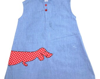 Vintage Chambray 1960s / 1950s Girls Size 5T Toddler Dress 5 - Dog Summer Button Puppy Outfit