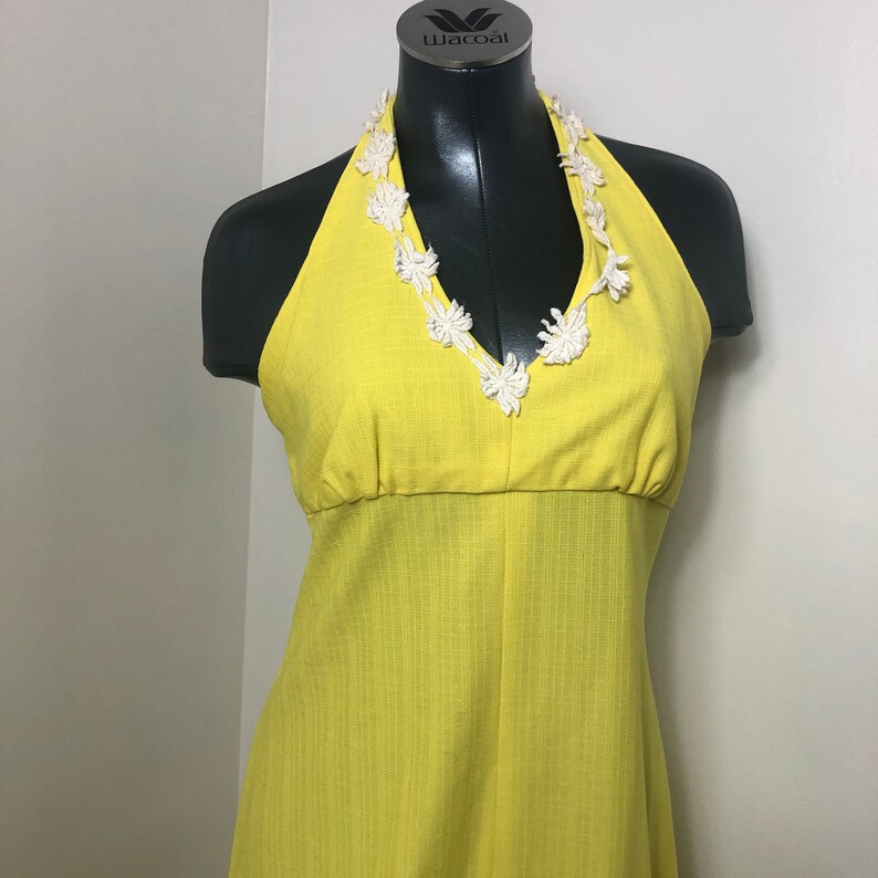 Vintage 1970s Yellow Halter Maxi Dress Long XS Small Retro Bright