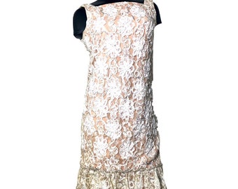 Vintage 1950s Detailed Sequin Flapper Dress Lace Art Deco Formal Blush Pink Ivory Cream Womens