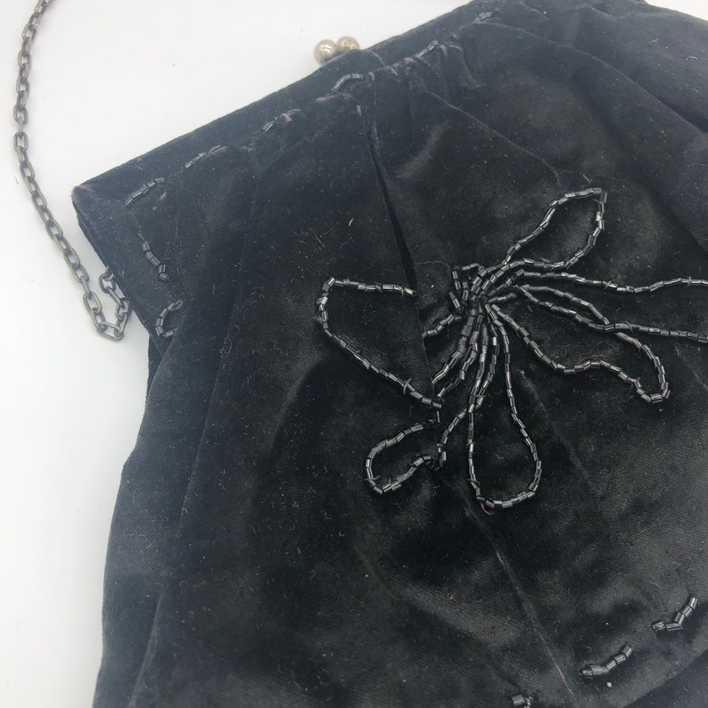 Antique Late Victorian Edwardian Black Velvet Mourning Bag Beaded Black Coin Money Purse