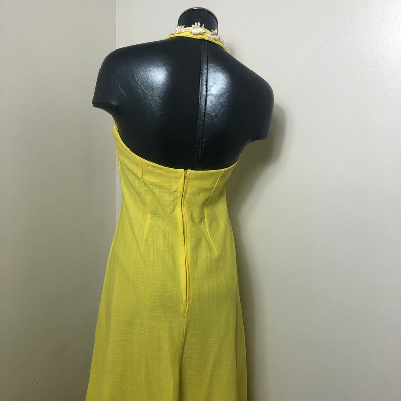 Vintage 1970s Yellow Halter Maxi Dress Long XS Small Retro Bright