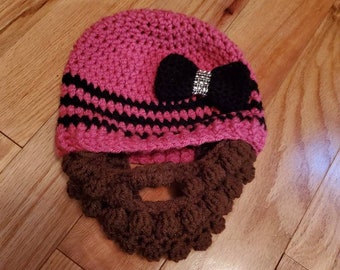 Baby girl beard hat- Beard hat with bow  -Bearded bros with babies in bows - beard hat - custom made - bling bow