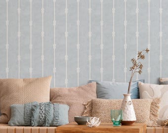 Nautical Wallpaper with Knotted Rope Stripes in Light Blue and White - E530