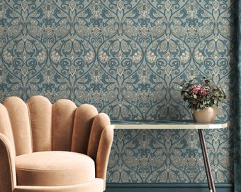 Damask Wallpaper with an Intricate Floral Motif in Blue, Beige, and Cream - E516