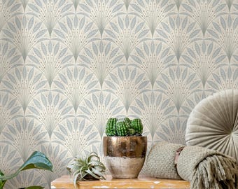 Art Deco Wallpaper Featuring Botanical Fans in Blue Gray and Green - E748