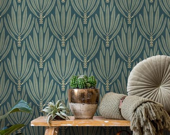 Botanical Wallpaper with a Stylized Leaf Damask in Teal, Green, and Beige - E480