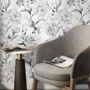 Gray Vintage Peony Wallpaper / Peel and Stick Wallpaper Removable Wallpaper Home Decor Wall Art Wall Decor Room Decor - D529