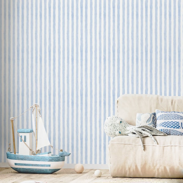 Baby Blue Striped Wallpaper Watercolor Wallpaper Peel and Stick and Traditional Wallpaper - D858