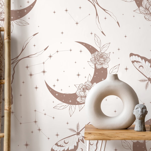 Mystique and Celestial Wallpaper Removable Peel and Stick Wallpaper,  Peel and Stick Wallpaper Moon and Butterfly - ZACT